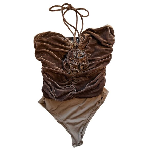 Entro Women’s Velvet Ruched V-Neck Halter Neck Bodysuit Brown Flower Size Medium - Picture 3 of 9